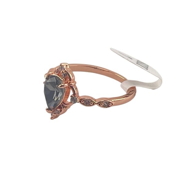 Elegant Rose Gold Tone Teardrop Ring With Blue Stone & Crystal Accents Size 7 - Picture 4 of 9